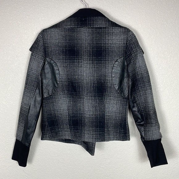 ALC Plaid Funnel Biker Moto Jacket Wool Black Gray Dark Academia Tartan Sz 2 - Picture 2 of 10